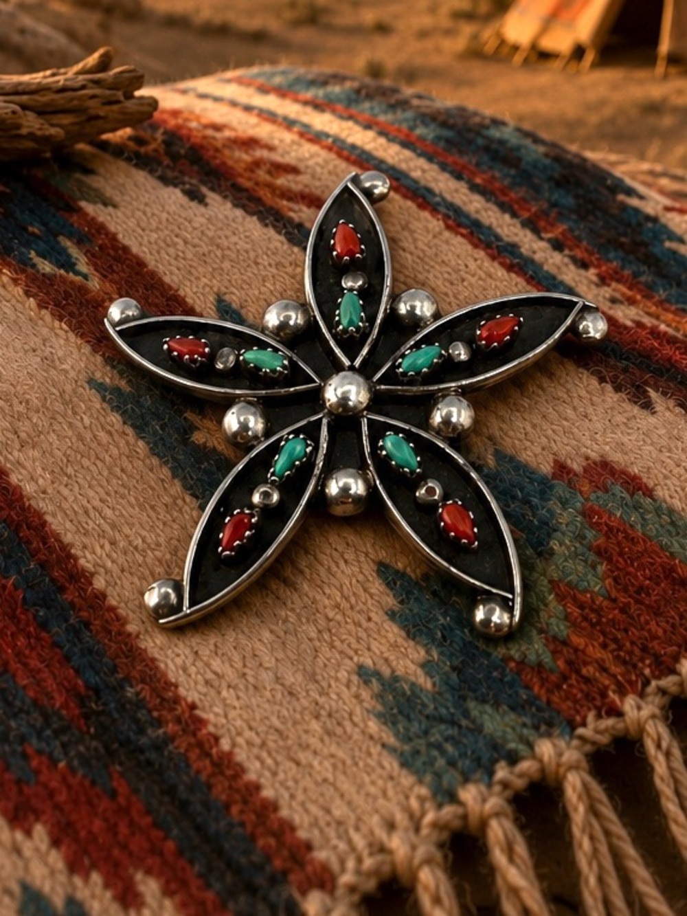 Vintage Zuni Native American Sterling Silver Turquoise Coral Brooch Pin Pendant